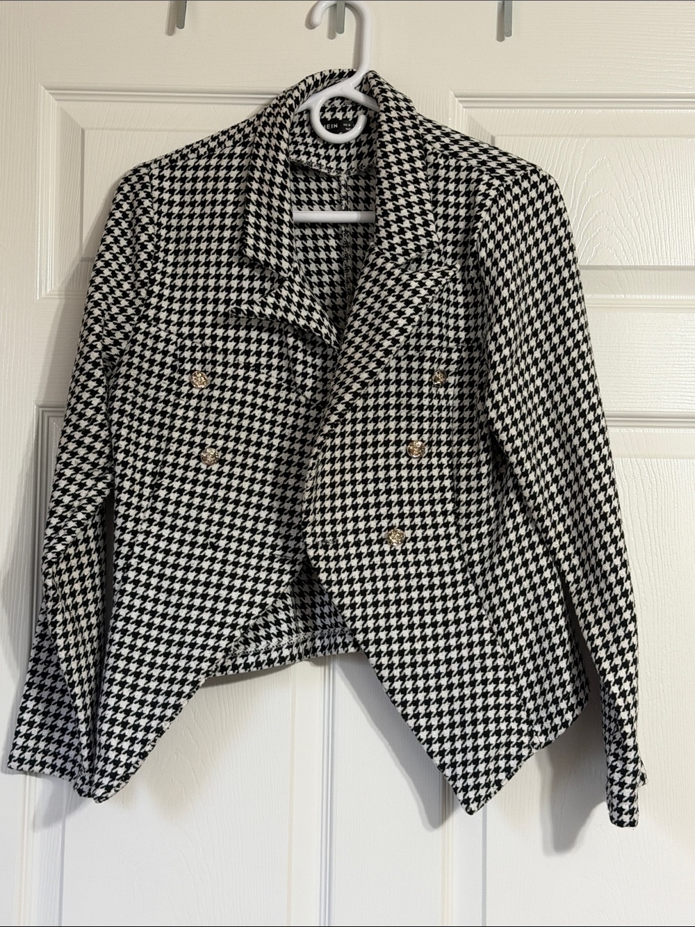 SHEIN Black & White Houndstooth Double-Breasted Blazer